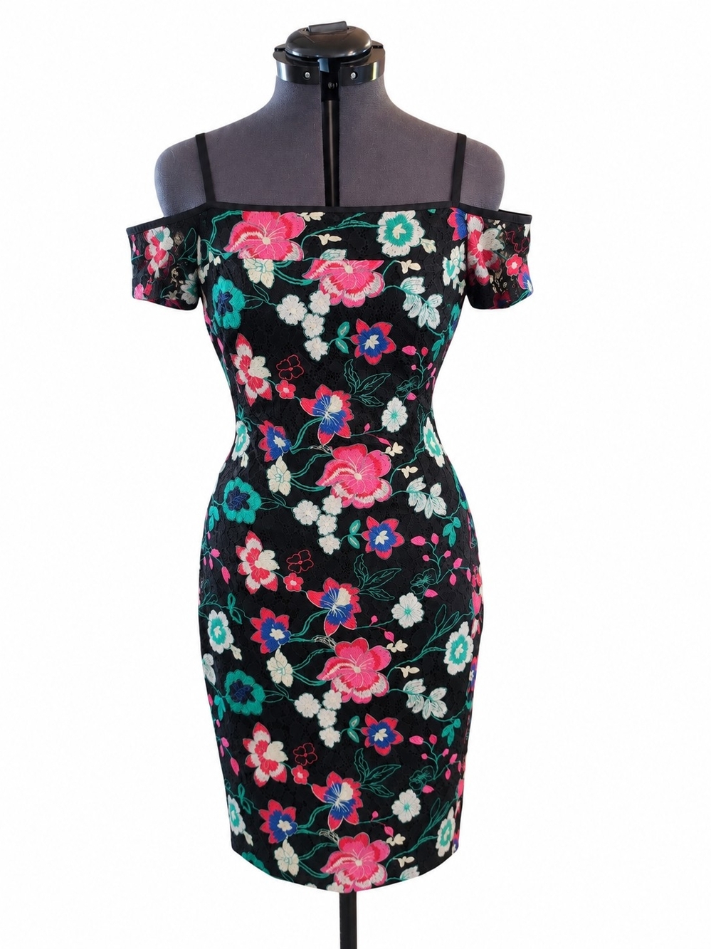Guess Black One-Shoulder Floral Bodycon Dress with Pink & Teal Flowers